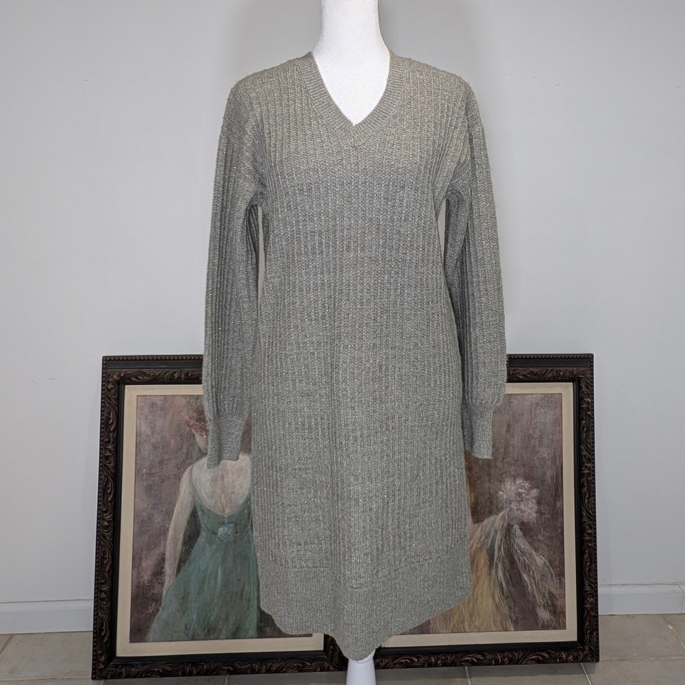 Nine West‎ Jeans NWT Lurex V Neck Sweater Dress Light Olive Heather Size S